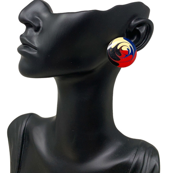 Vintage 1980's Earrings Red White Blue Black Swirled Enamel Unsigned New Wave - Picture 1 of 3